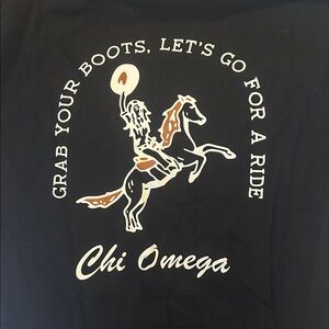 Chi Omega Black T-Shirt with Orange Cowboy Graphic